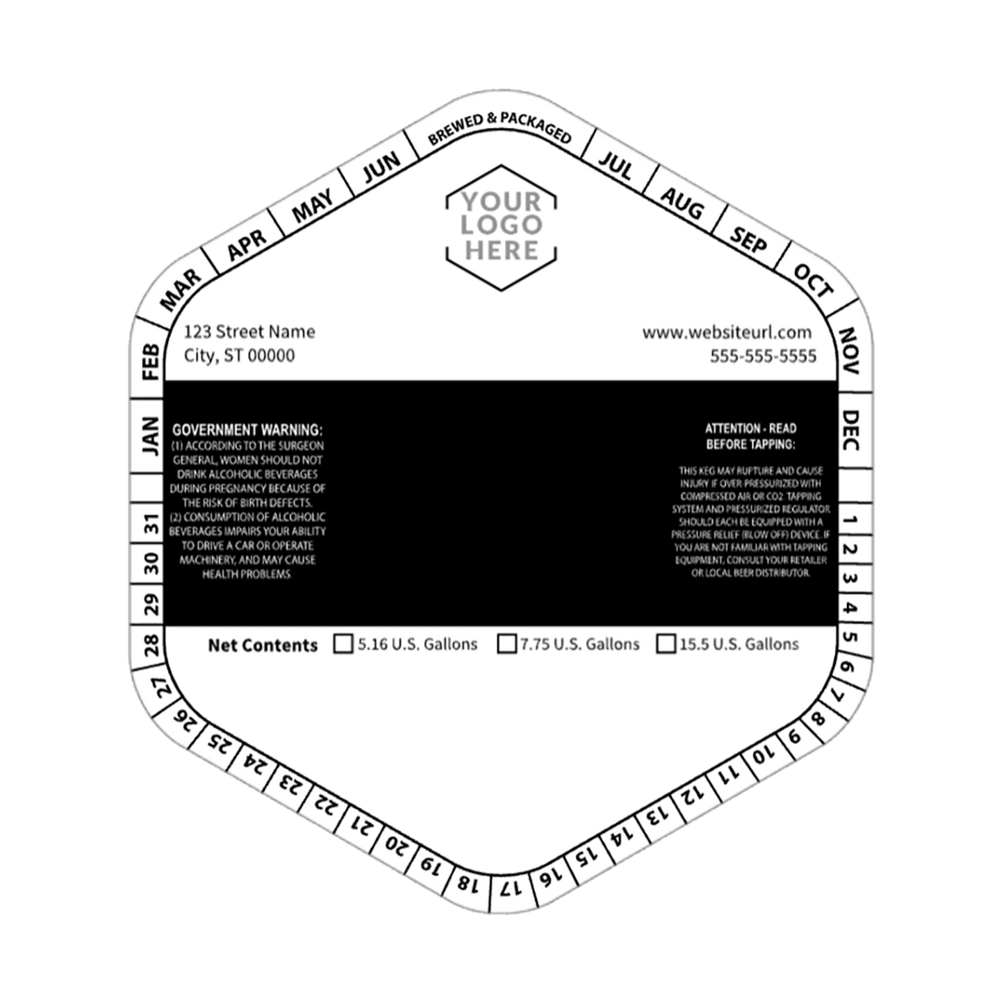 5.1432 Hexagon Keg Collar B&W Striped Template: Image with Blank Area