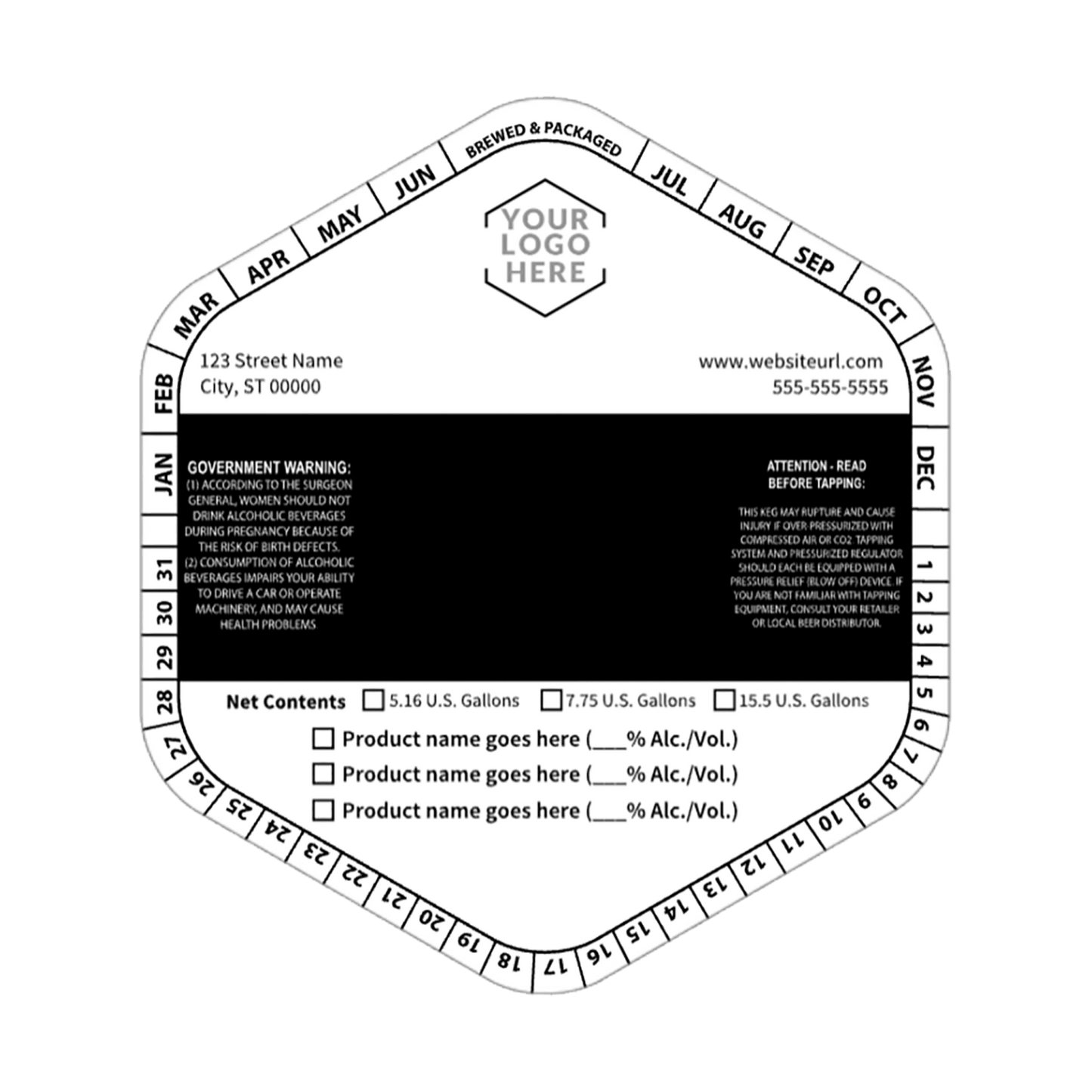 5.1432 Hexagon Keg Collar B&W Striped Template: Image with Product Options