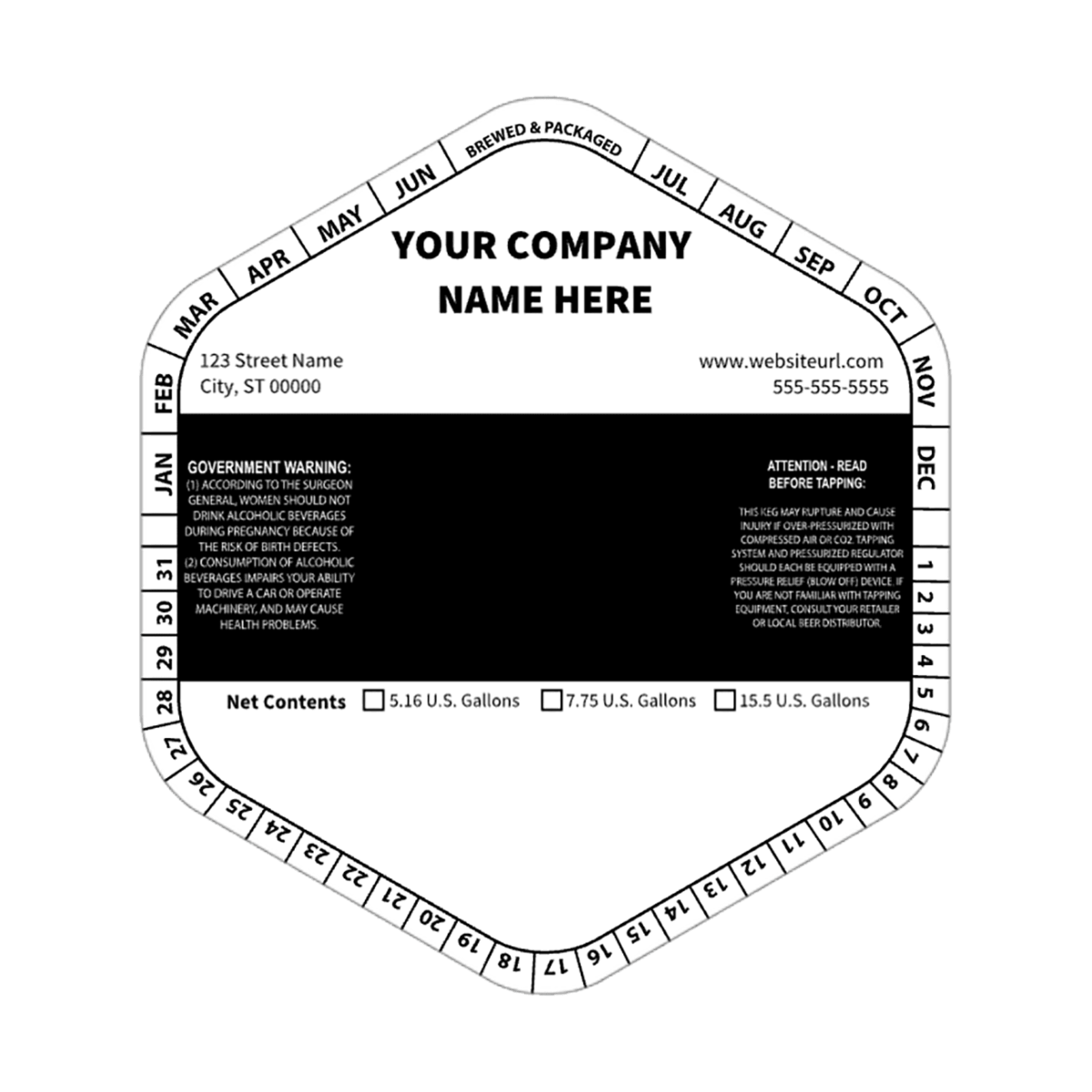 5.1432 Hexagon Keg Collar B&W Striped Template: Text with Blank Area