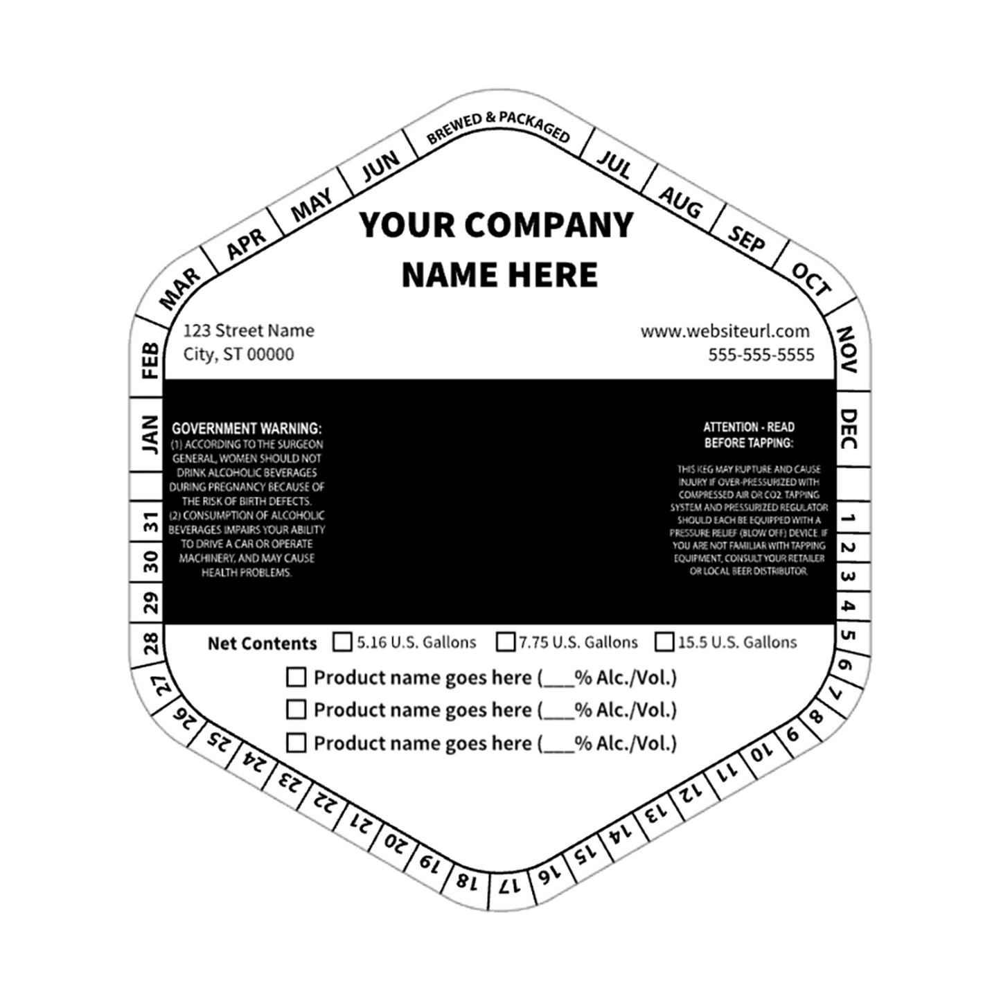 5.1432 Hexagon Keg Collar B&W Striped Template: Text With Product Options