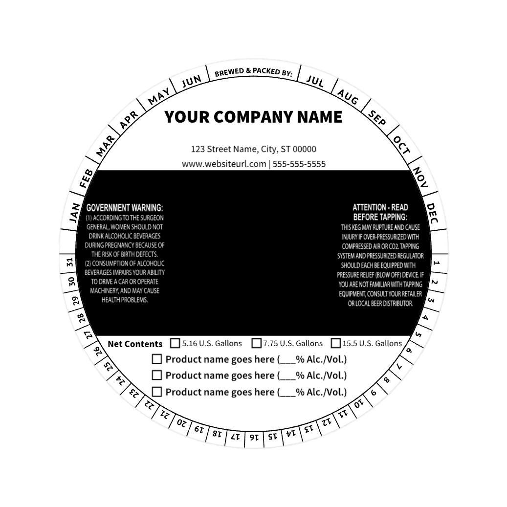 5.6875 Inch Round Keg Collar B&W Striped Template: Text with Product Options