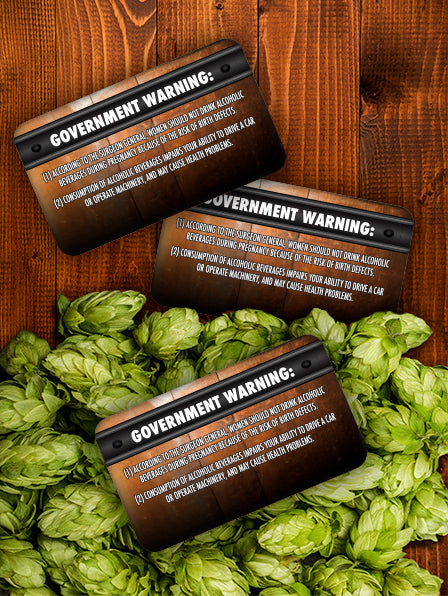 KegCollars.net exclusive barrel-aged Surgeon General Warning design printed on water-resistant polypropylene (BOPP) and finished with gloss lamination.